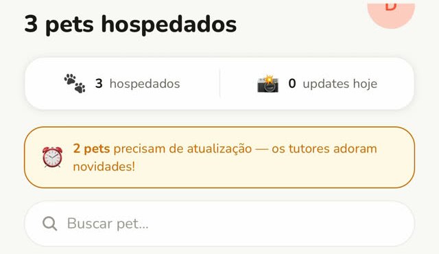 Painel do hotel: pets hospedados e aviso de pets que precisam de atualização