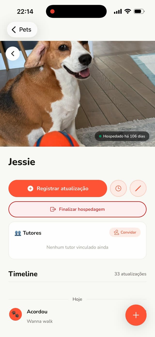 Perfil da Jessie no painel do hotel, com botão Registrar atualização e linha do tempo